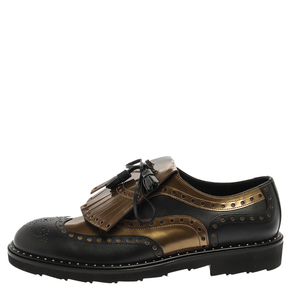 

Dolce and Gabbana Black/Olive Patent Leather And Leather Brogue Detail Fringe Derby Oxfords Size