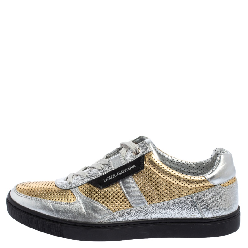 

Dolce & Gabbana Metallic Gold/Silver Perforated Leather Low Top Sneakers Size