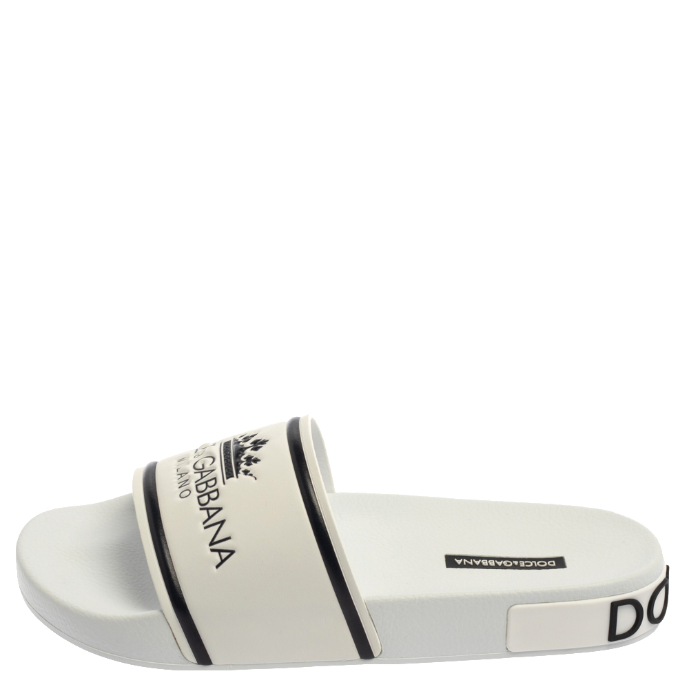 

Dolce & Gabbana White Leather Crown Logo Slip On Slides Size