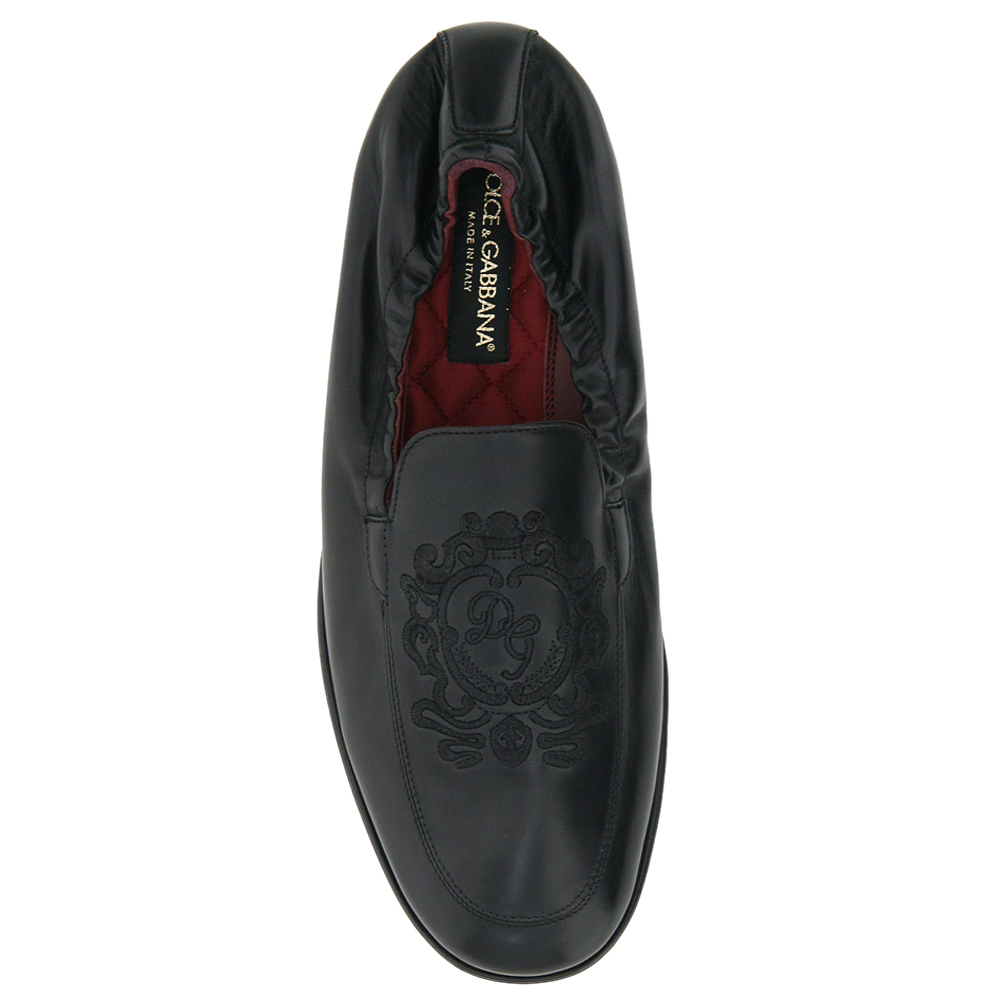 

Dolce & Gabbana Black Calfskin Leather DG Coat of Arms Embroidery Loafers Size IT