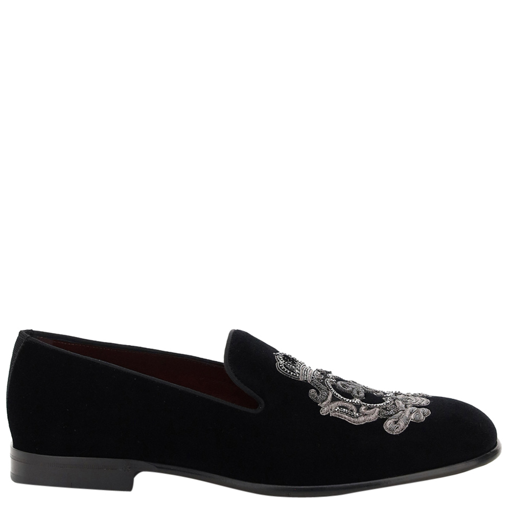 Pre-owned Dolce & Gabbana Black Velvet Coat Of Arms Embroidery Loafers Size It 41