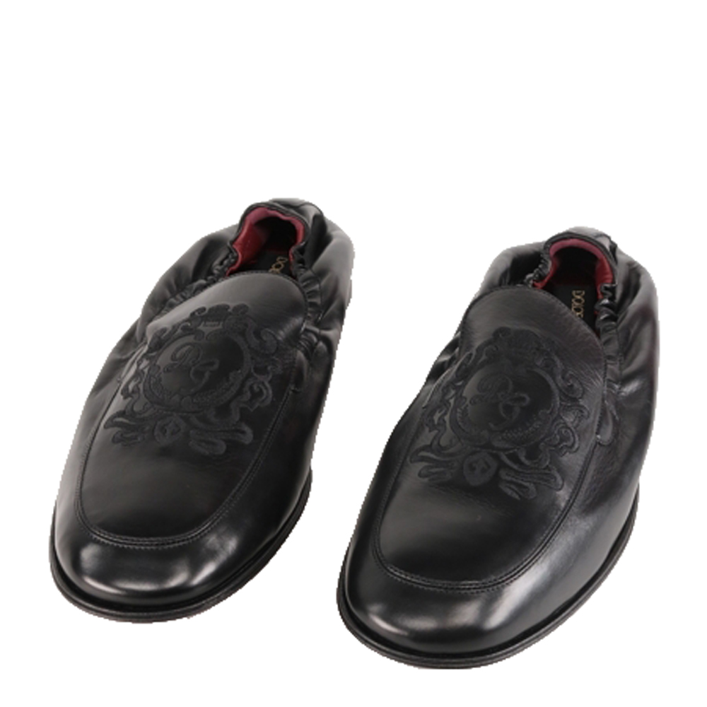 

Dolce & Gabbana Black Calfskin Leather DG coat of arms embroidery Loafers Size