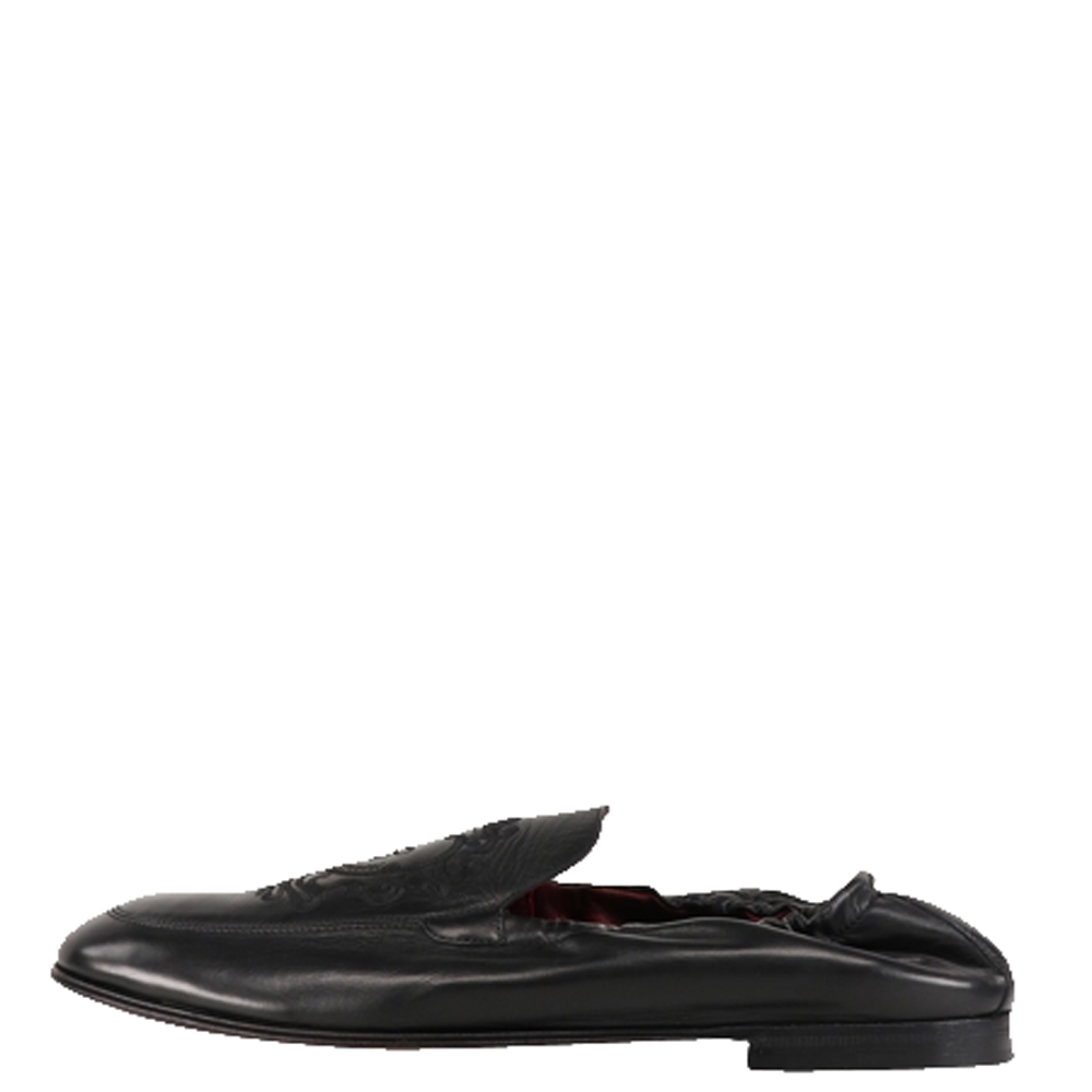 Pre-owned Dolce & Gabbana Black Calfskin Leather Dg Coat Of Arms Embroidery Loafers Size 41.5