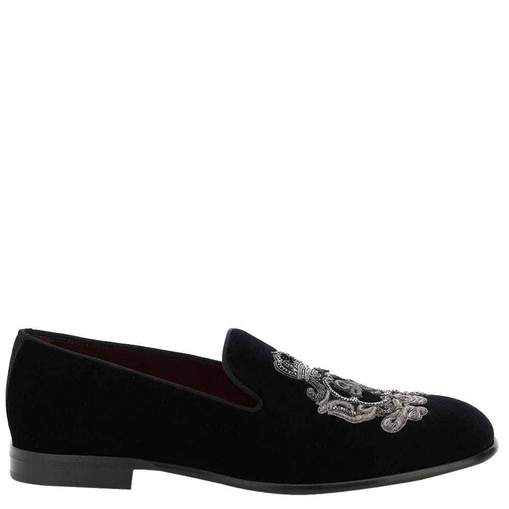 Pre-owned Dolce & Gabbana Velvet Dg Coat Of Arms Embroidery Slip-on Shoes Size It 42 In Black