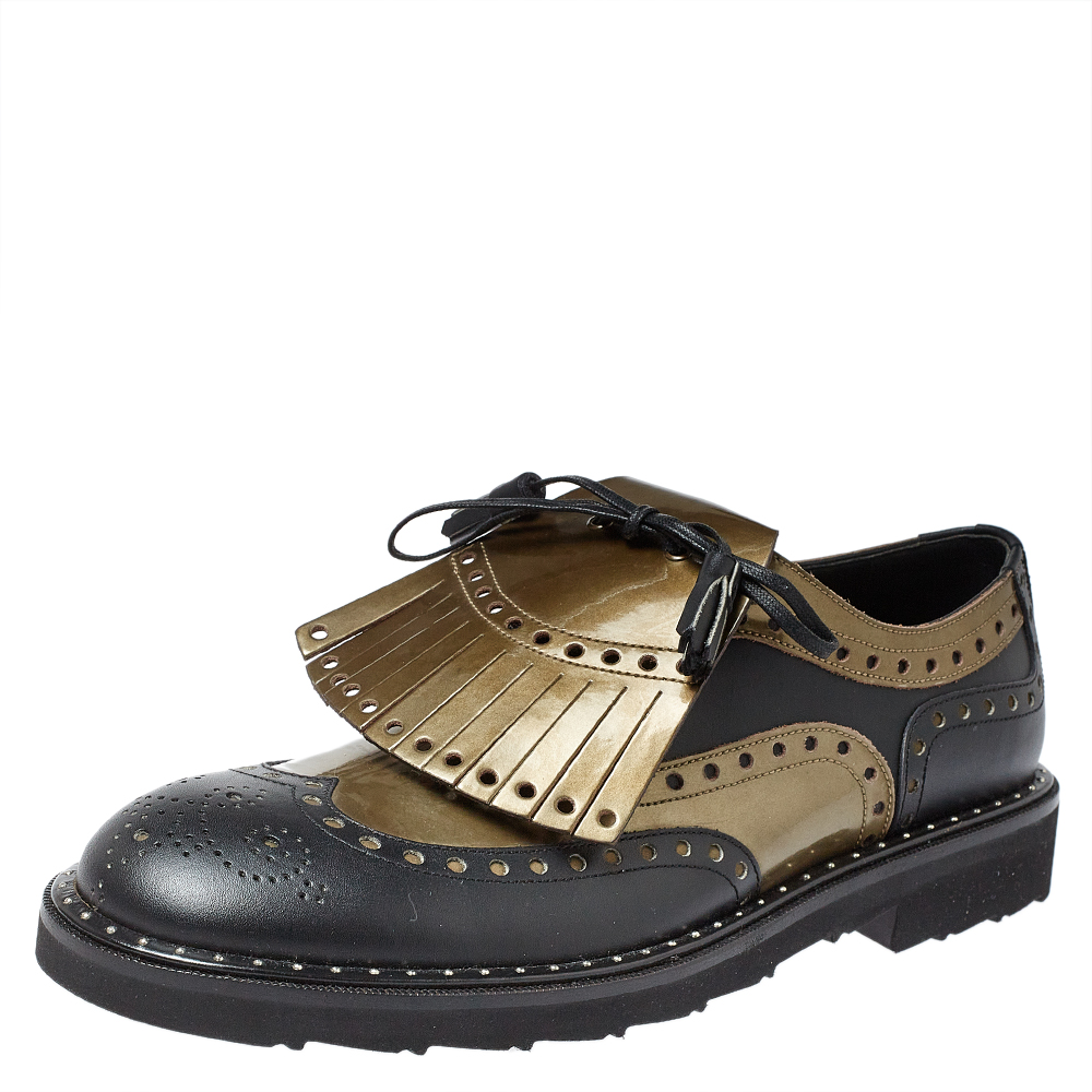 Pre-owned Dolce & Gabbana Black/olive Patent Leather And Leather Brogue Detail Fringe Oxfords Size 41