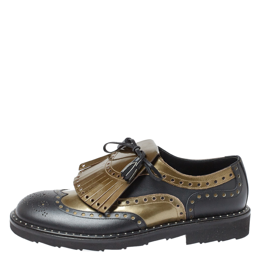 

Dolce & Gabbana Black/Olive Patent Leather And Leather Brogue Detail Fringe Oxfords Size