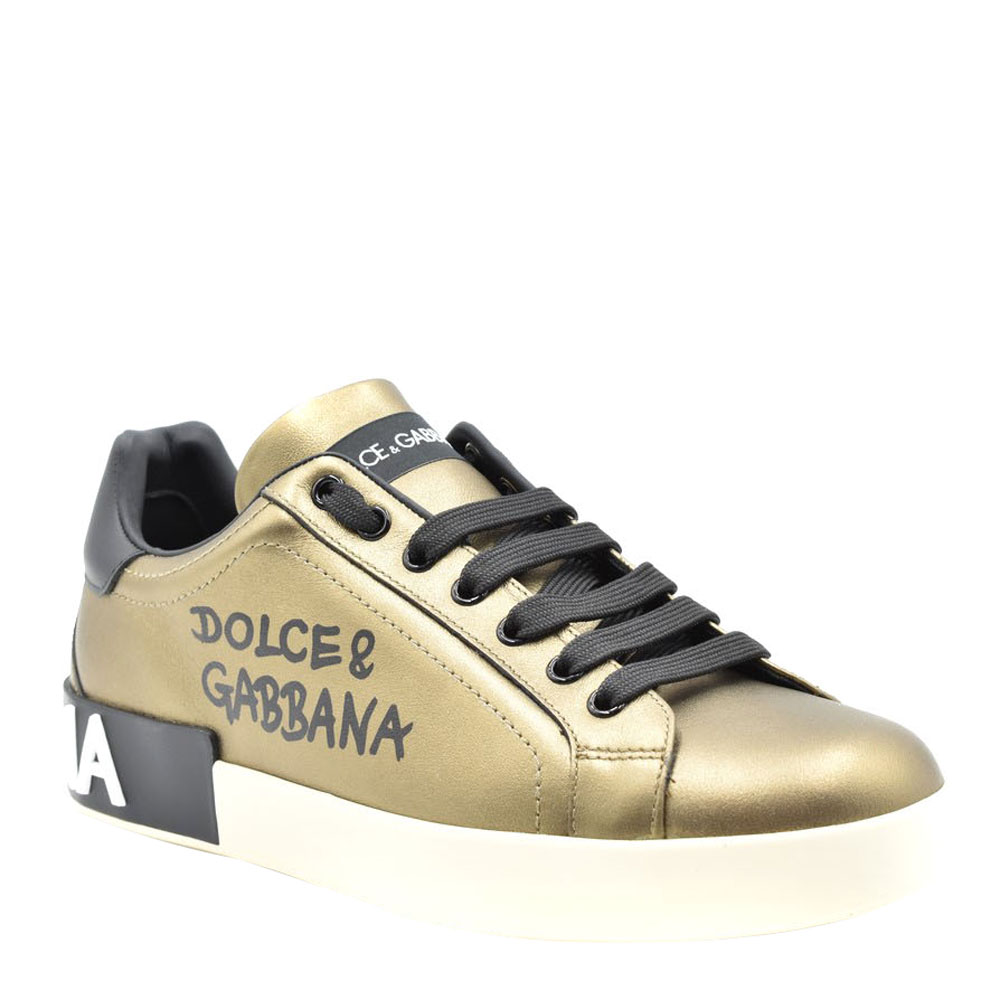 

Dolce & Gabbana Gold/Black Calfskin Nappa Leather Portofino Sneakers EU