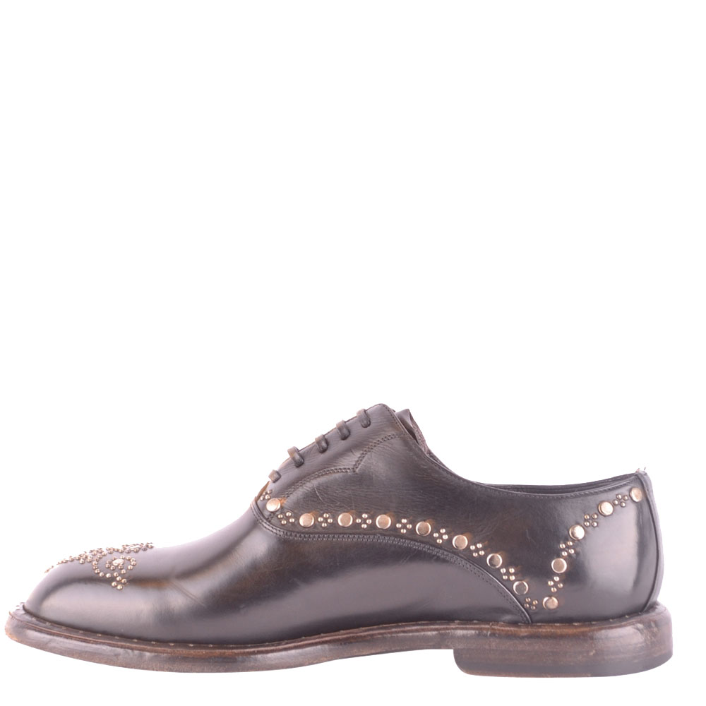 Pre-owned Dolce & Gabbana Dolce And Gabbana Dark Brown Leather Studded Derby Shoes Size Eu 41