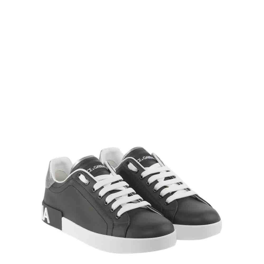 

Dolce & Gabbana Black/Silver Leather Portofino Lace-Up Sneakers Size EU