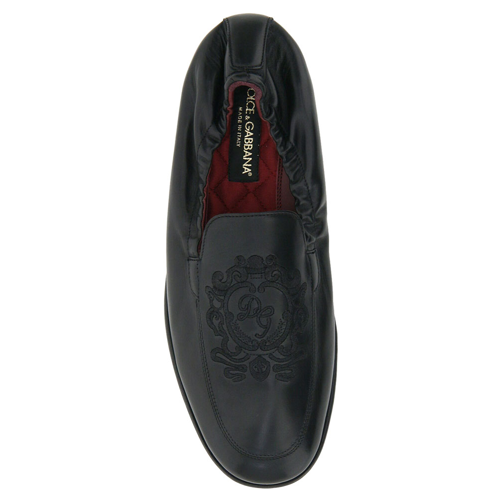 

Dolce & Gabbana Black Leather DG Coats Of Arms Embroidery Loafers Size IT