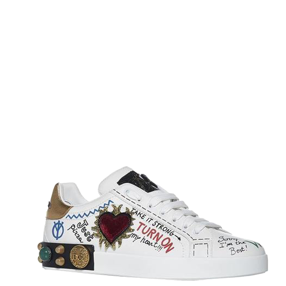 

Dolce & Gabbana White/Multicolor Printed calfskin Nappa patch and embroidery Portofino Sneakers Size EU