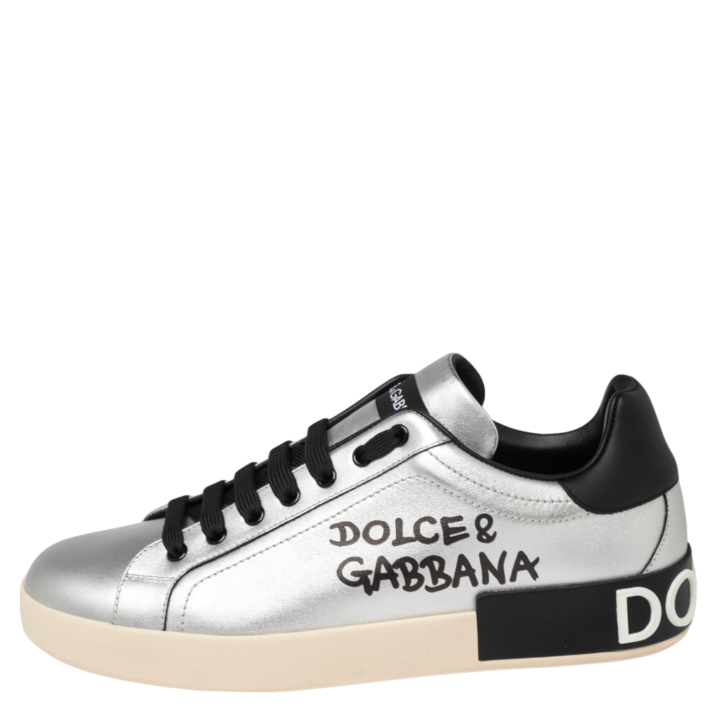 

Dolce & Gabbana Metallic Silver Leather Logo Print Portofino Low Top Sneakers Size