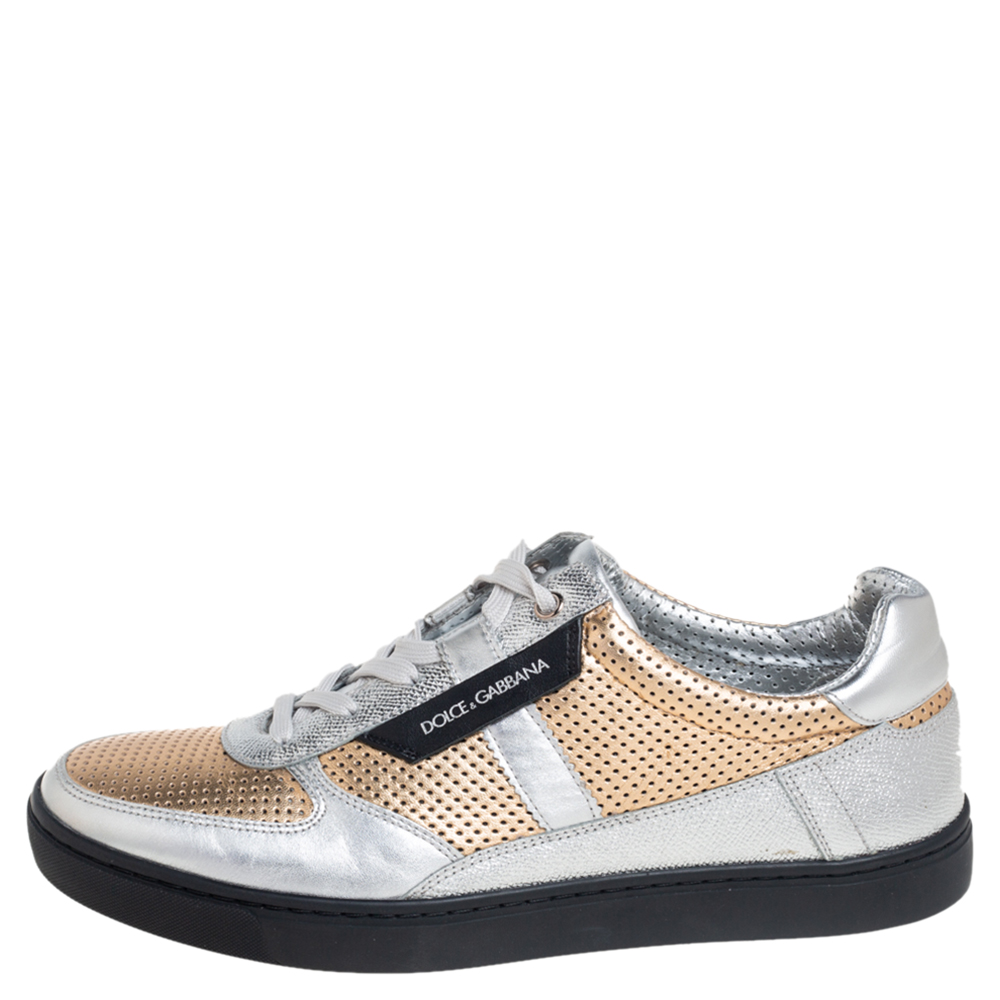 

Dolce & Gabbana Gold/Silver Perforated Leather Low Top Sneakers Size