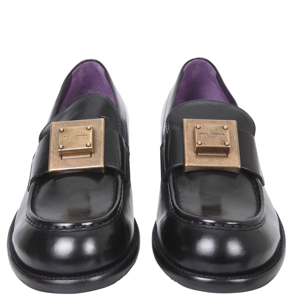 

Dolce & Gabbana Black Calfskin Branded Plate Mino Loafers Size IT