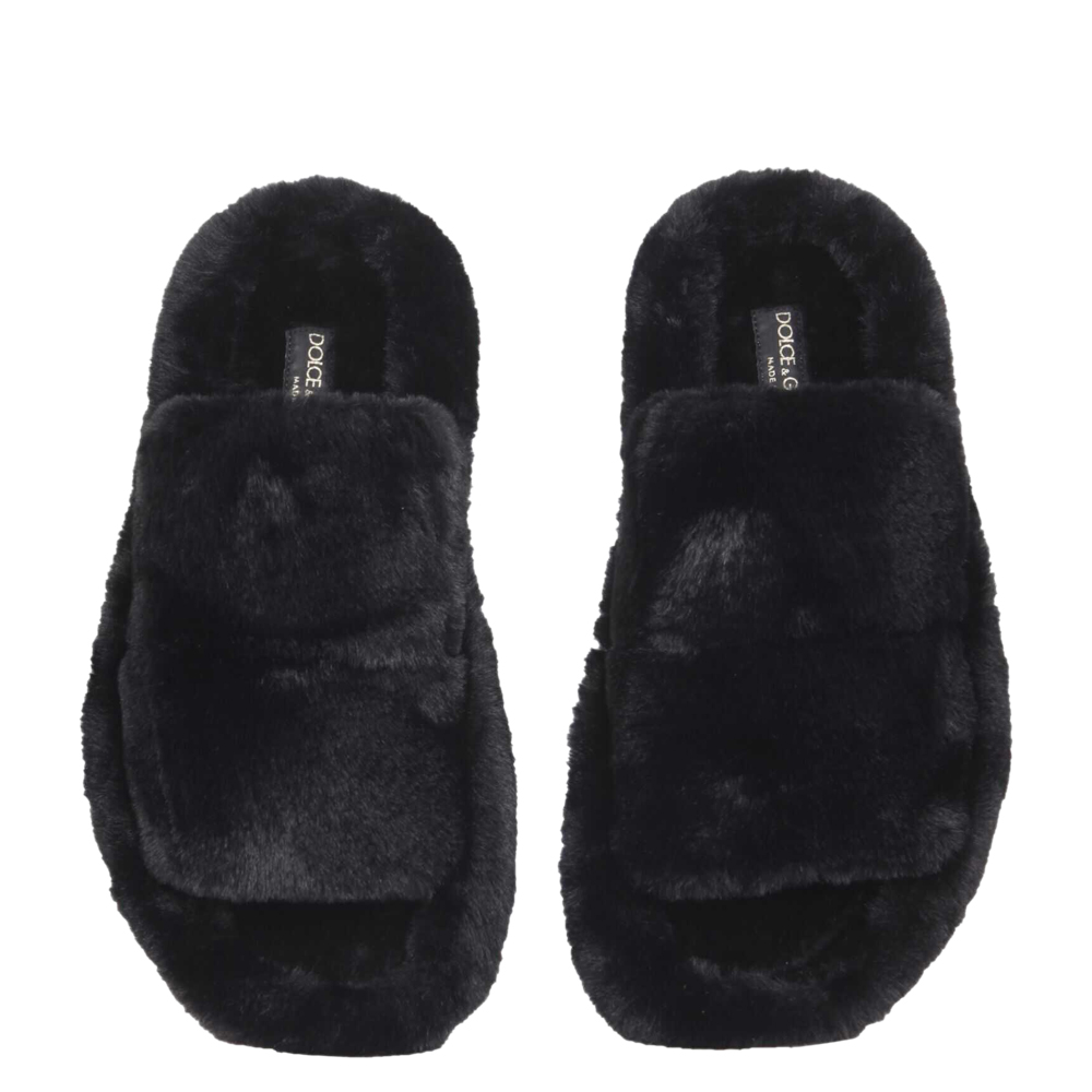 

Dolce & Gabbana Black Faux Fur Slider Sandals Size IT