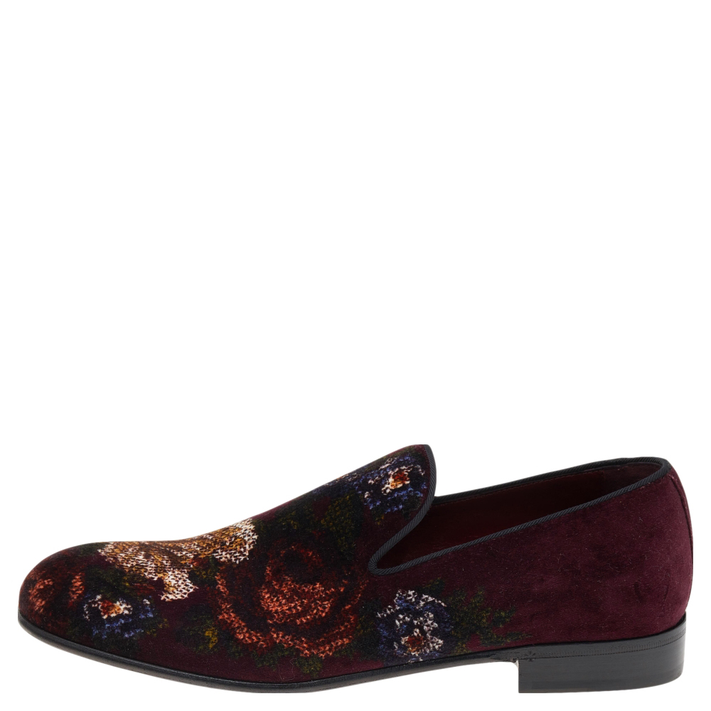 

Dolce & Gabbana Burgundy Velvet Floral Slip On Loafers Size