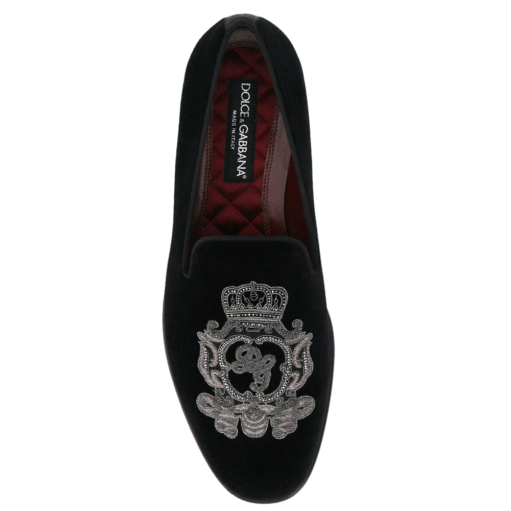 

Dolce & Gabbana Black Velvet DG Coat Of Arms Embroidery Slippers Size IT