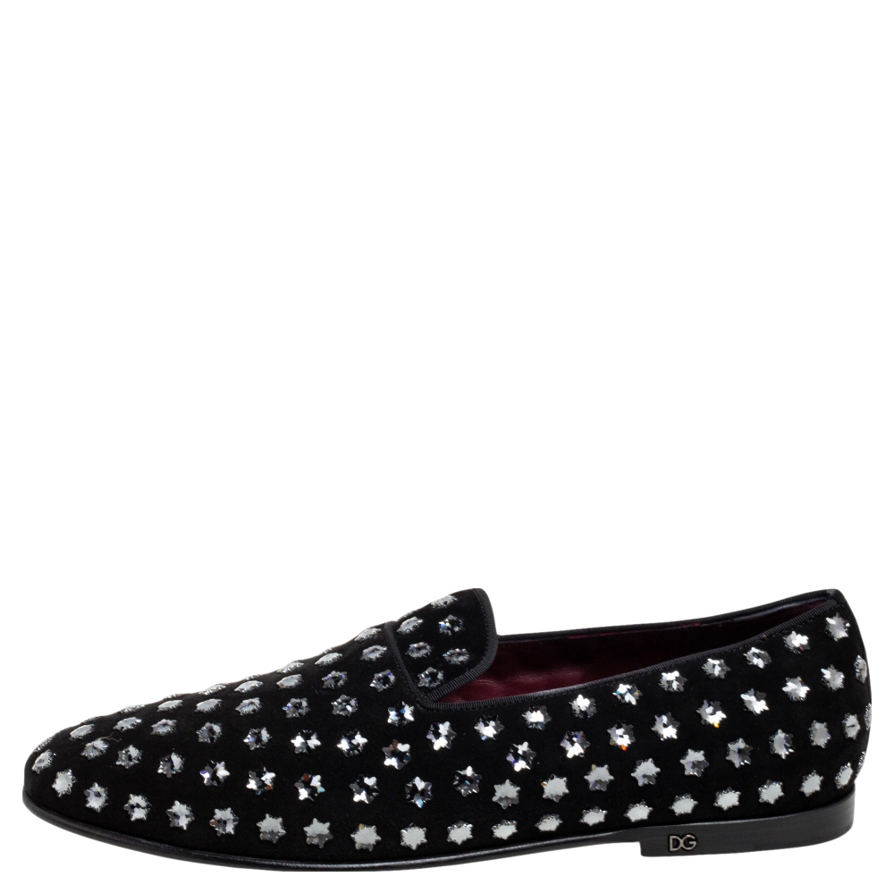 

Dolce & Gabbana Black Suede Crystal Embellished Slip On Loafers Size