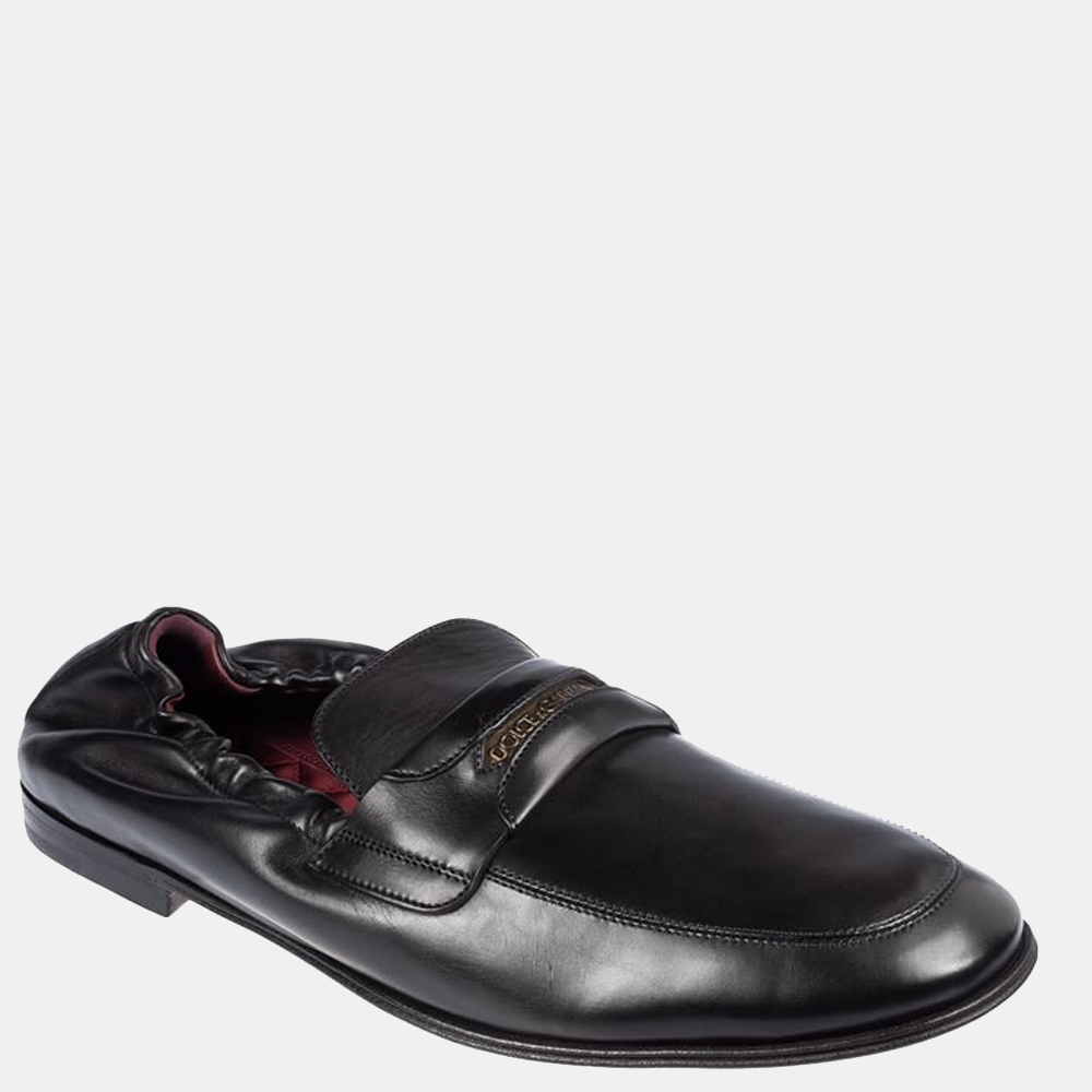 

Dolce & Gabbana Black Leather Branded Tag Loafers Size EU