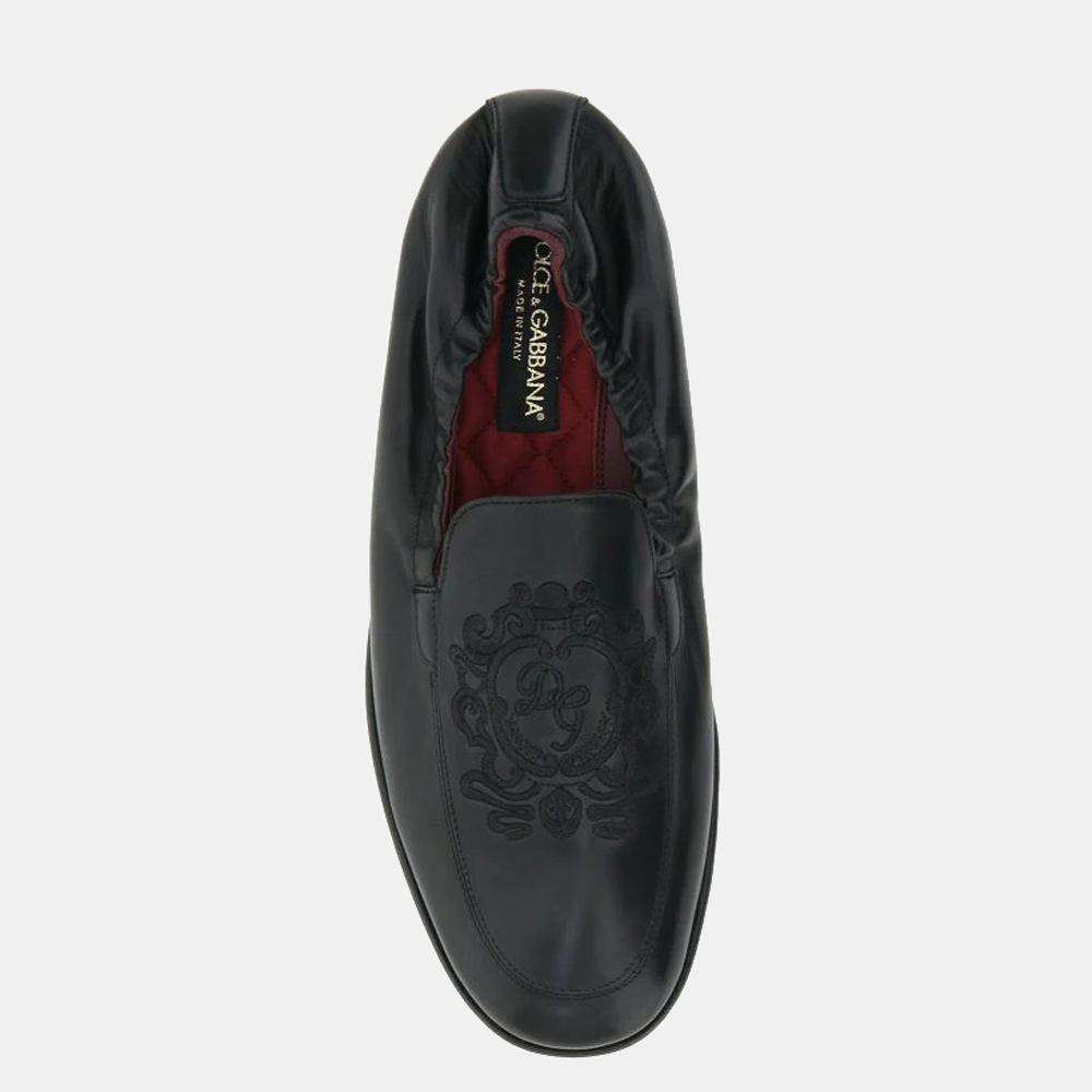 

Dolce & Gabbana Black Leather DG coat of arms embroidery Loafers Size EU