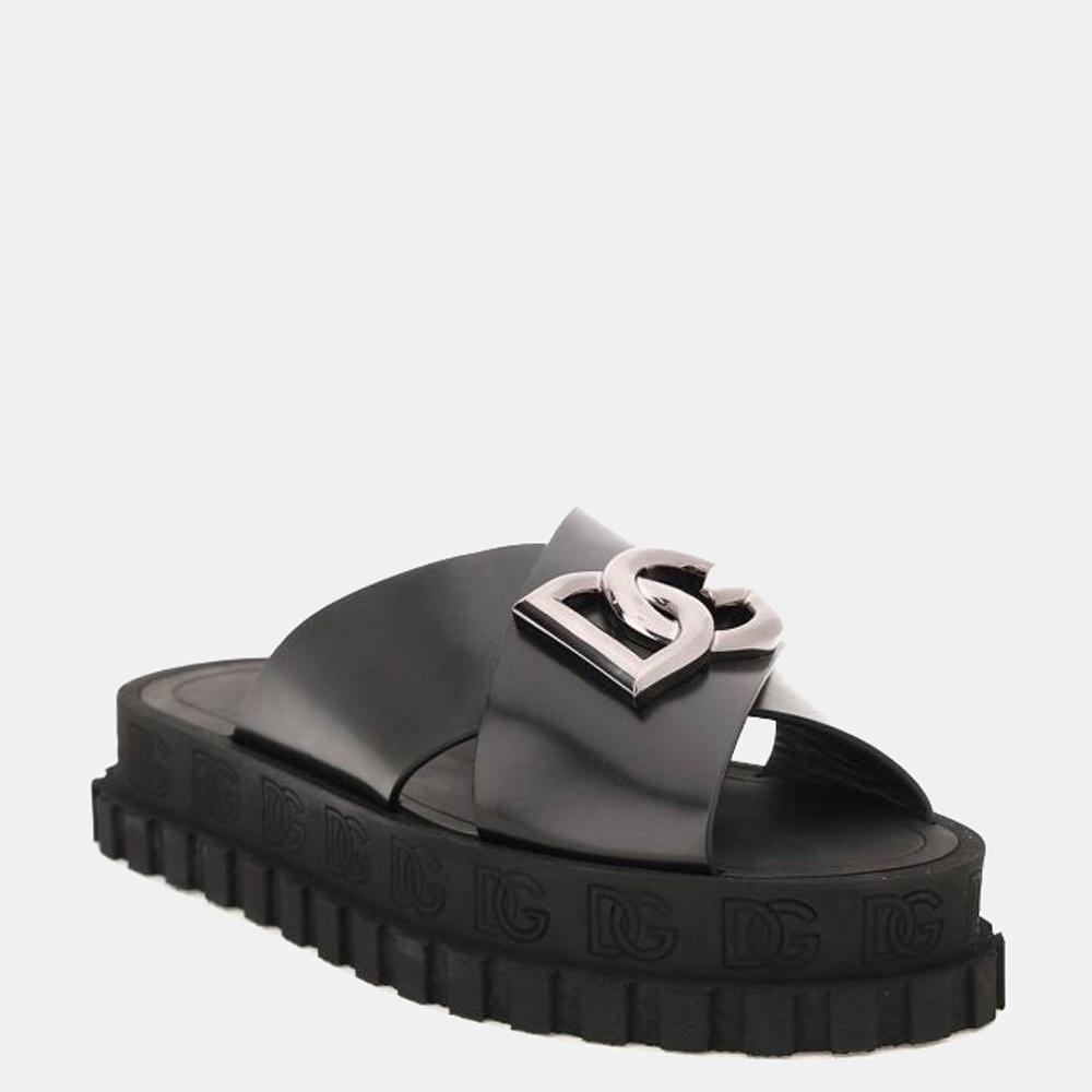 

Dolce & Gabbana Black Leather Logo Slides EU