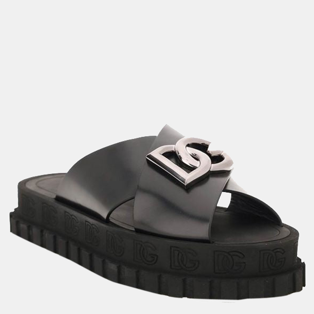 

Dolce & Gabbana Black Leather Logoed Slide Sandals Size EU
