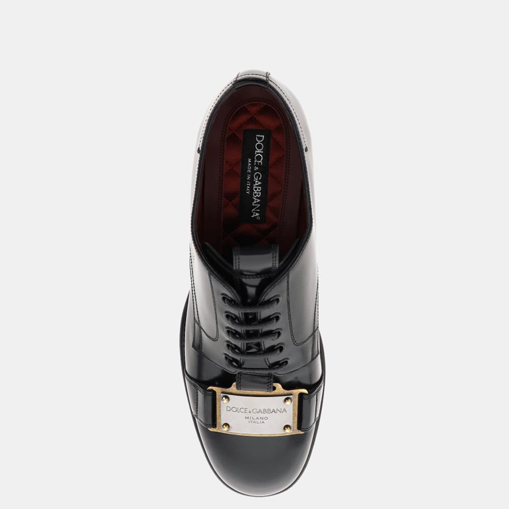

Dolce & Gabbana Black Brushed Leather Branded Plate Derby Shoes Size EU