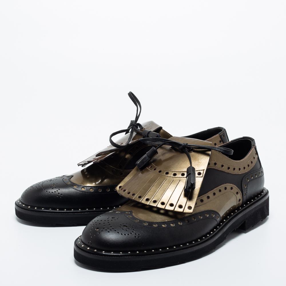 

Dolce & Gabbana Black/Gold Brogue Leather Fringe Tassel Oxfords Size