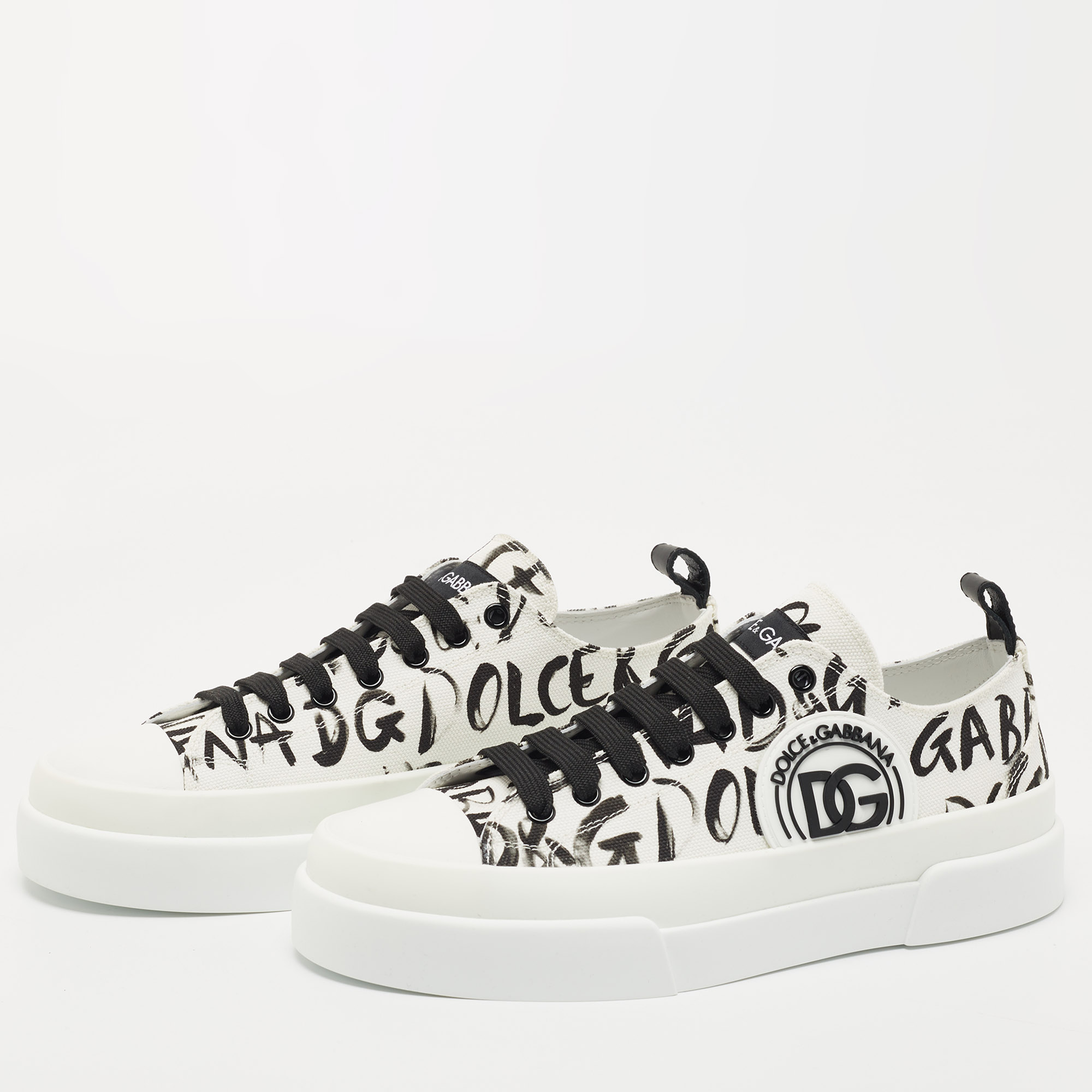 Dolce & Gabbana White/Black Canvas Portofino Sneakers Size