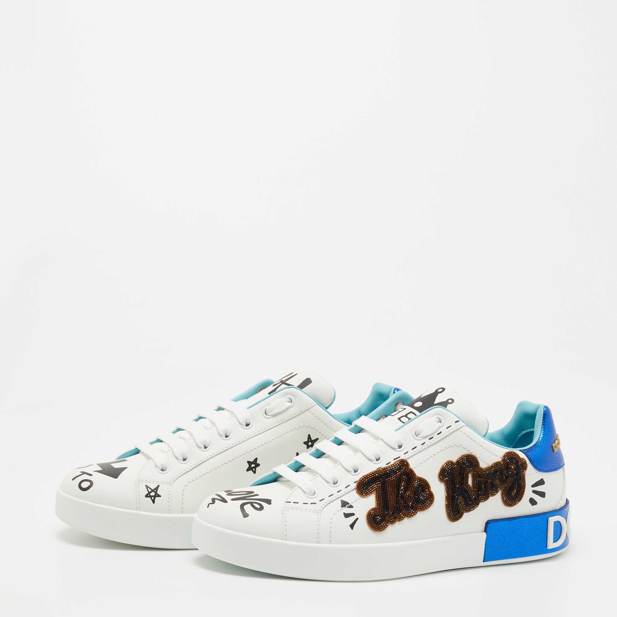

Dolce & Gabbana White Portofino Leather Printed Sneakers Size