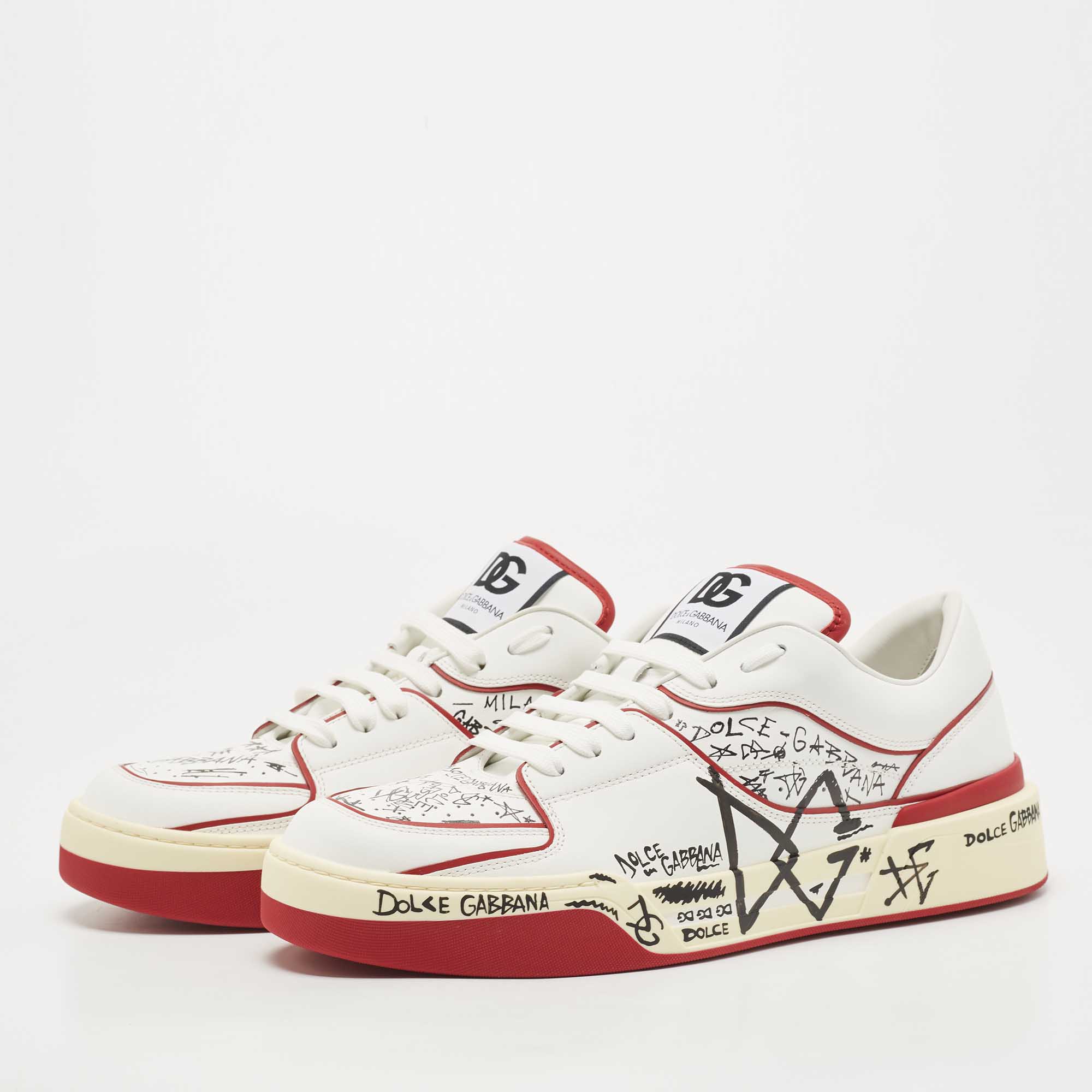 

Dolce & Gabbana Red/White Printed Leather New Roma Low-Top Sneakers Size