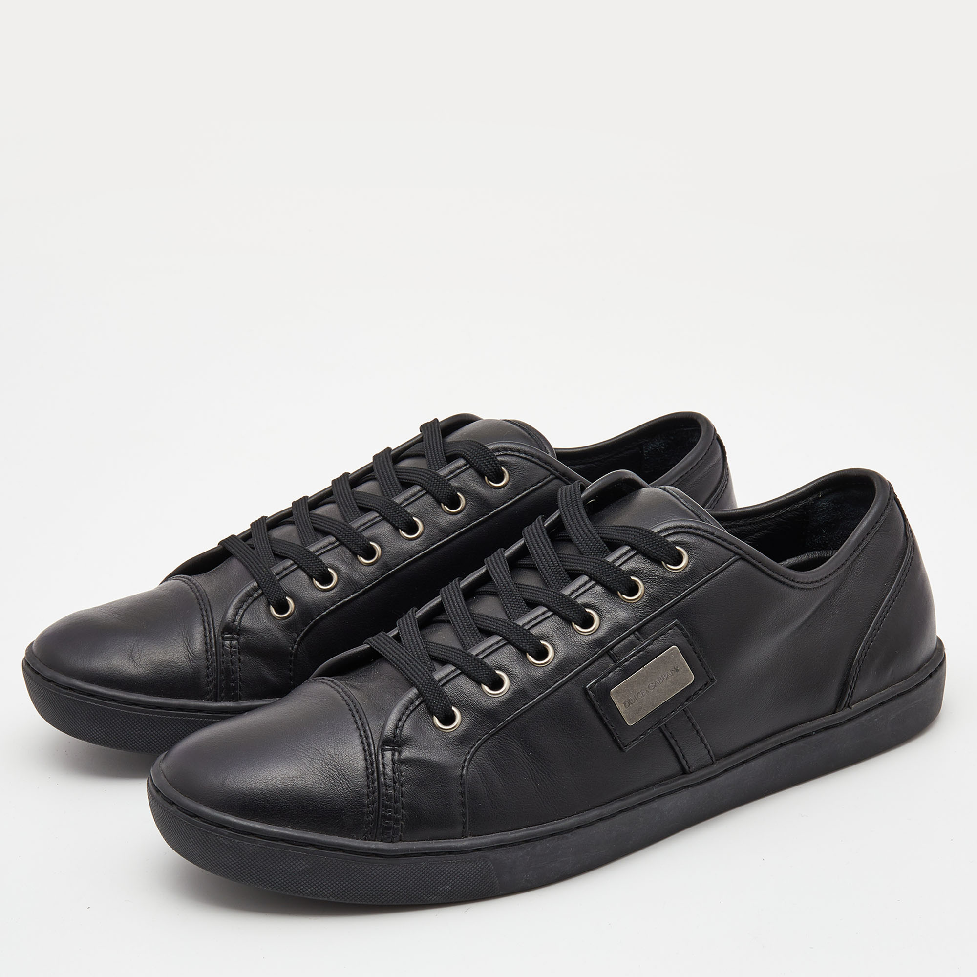 

Dolce & Gabbana Black Leather Logo Plaque Low Top Sneakers Size