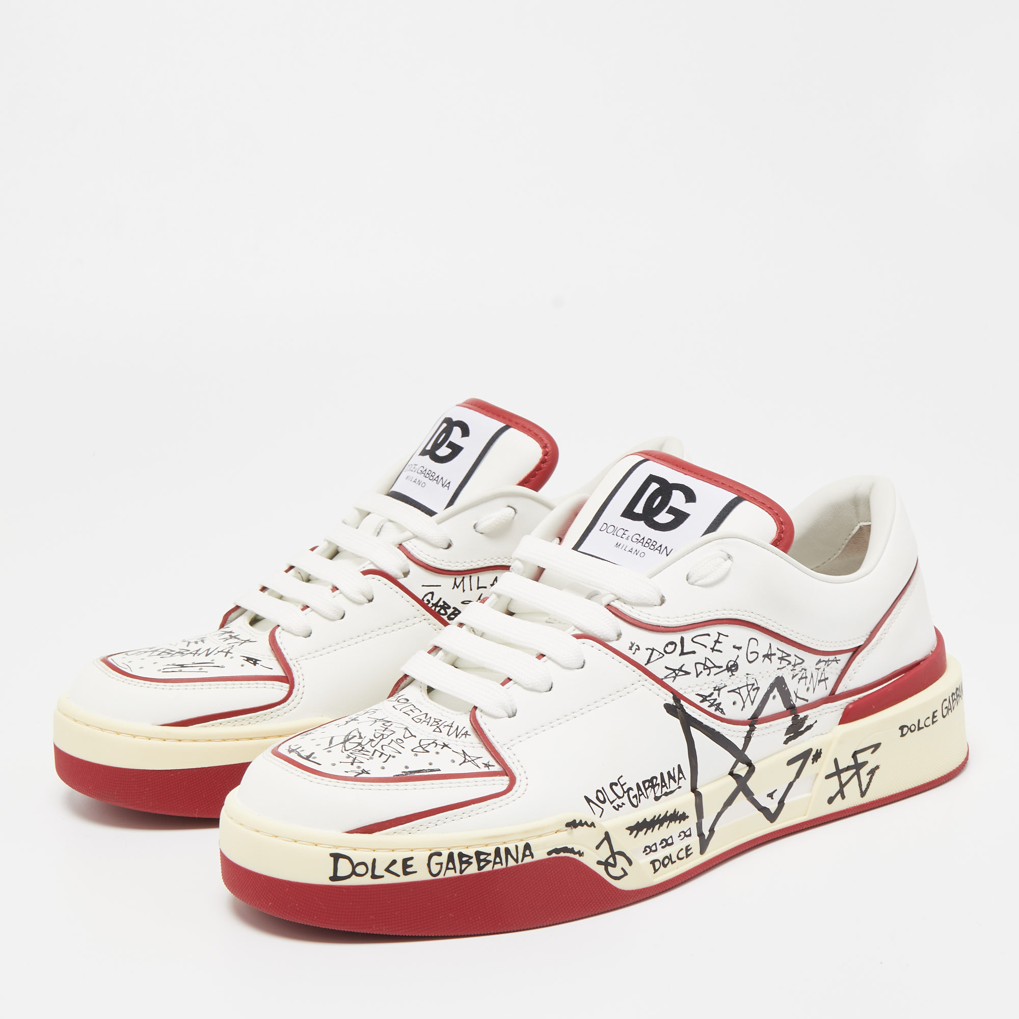 

Dolce & Gabbana Red/White Printed Leather New Roma Low-Top Sneakers Size