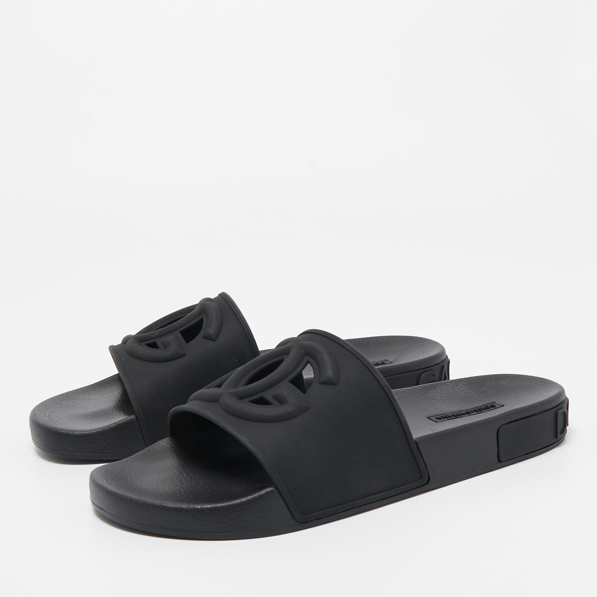 

Dolce & Gabbana Black Rubber Logo Flat Slides Size