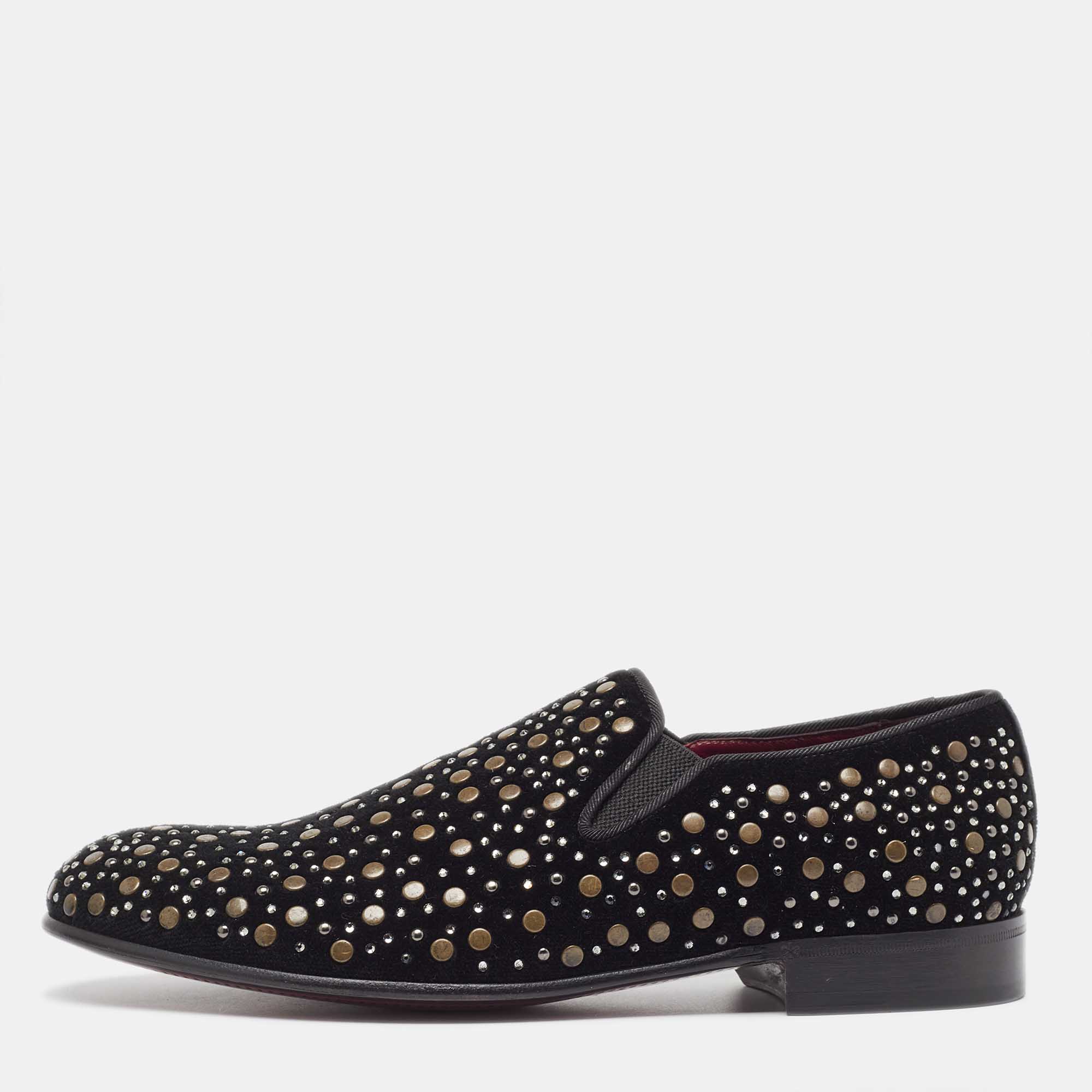 Pre-owned Dolce & Gabbana Black Velvet Crystal Studded Loafers Size 41