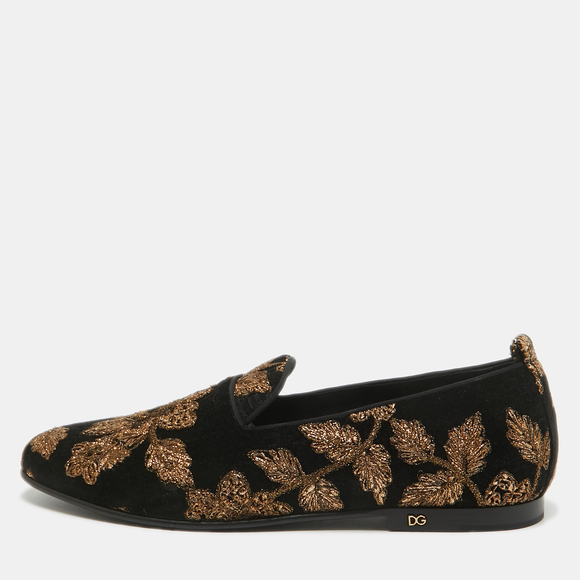 

Dolce & Gabbana Black/Gold Velvet Floral Young Pope Smoking Slippers Size 43