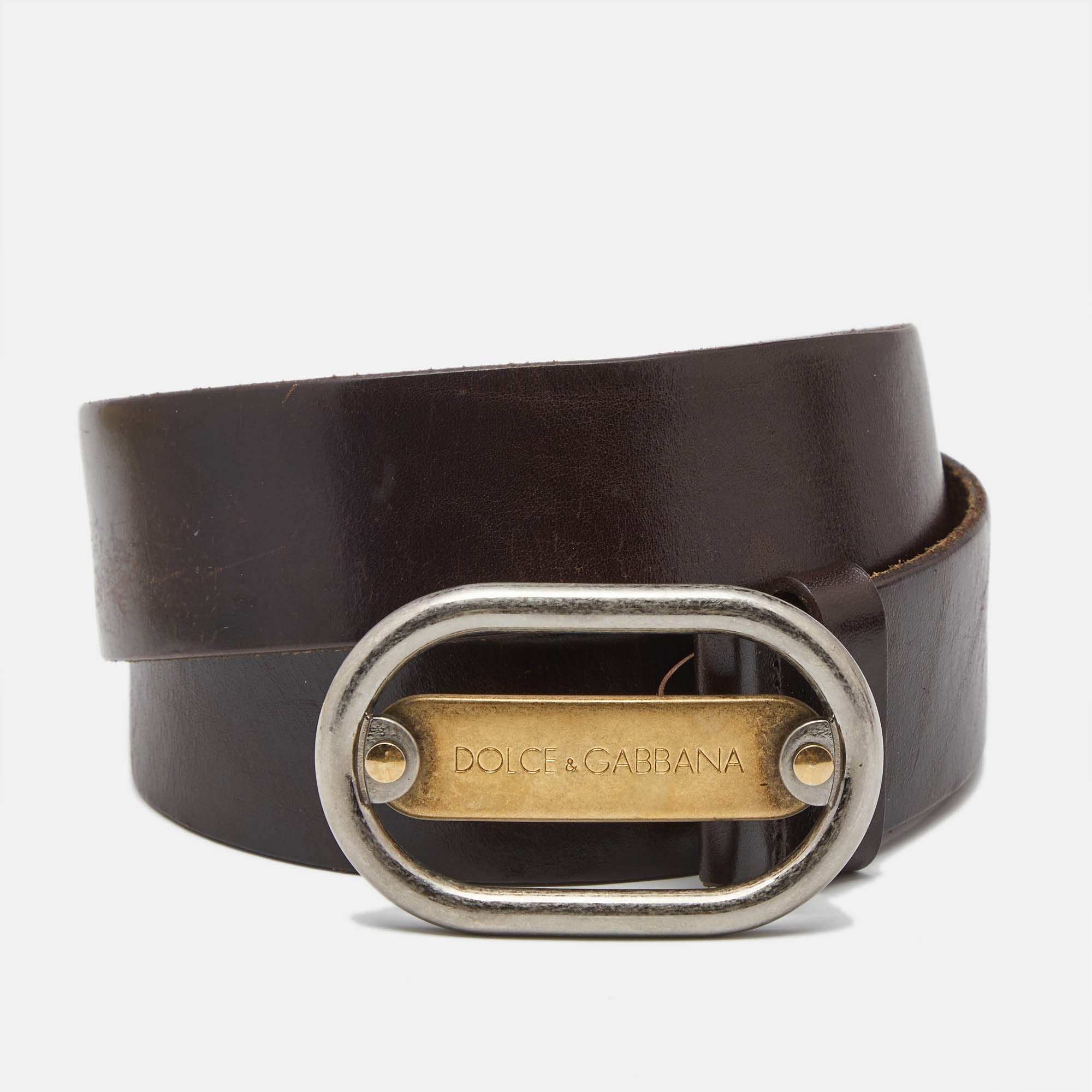 

Dolce & Gabbana Dark Brown Leather Oval Logo Buckle Belt