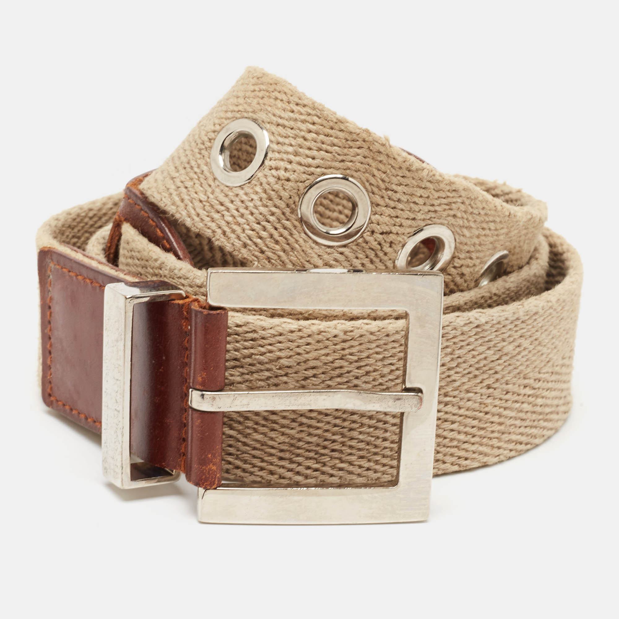 

Dolce & Gabbana Beige/Brown Canvas and Leather Logo Plague Buckle Belt