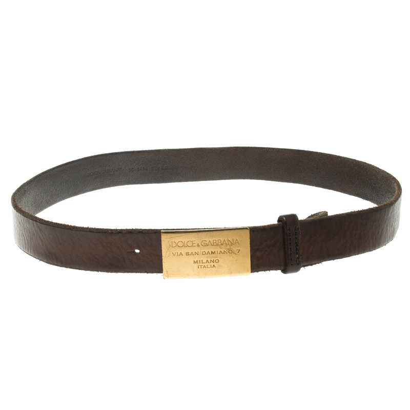 مملوكة مسبقًا Dolce and Gabbana Dark Brown Leather Plaque Buckle Belt 90 CM