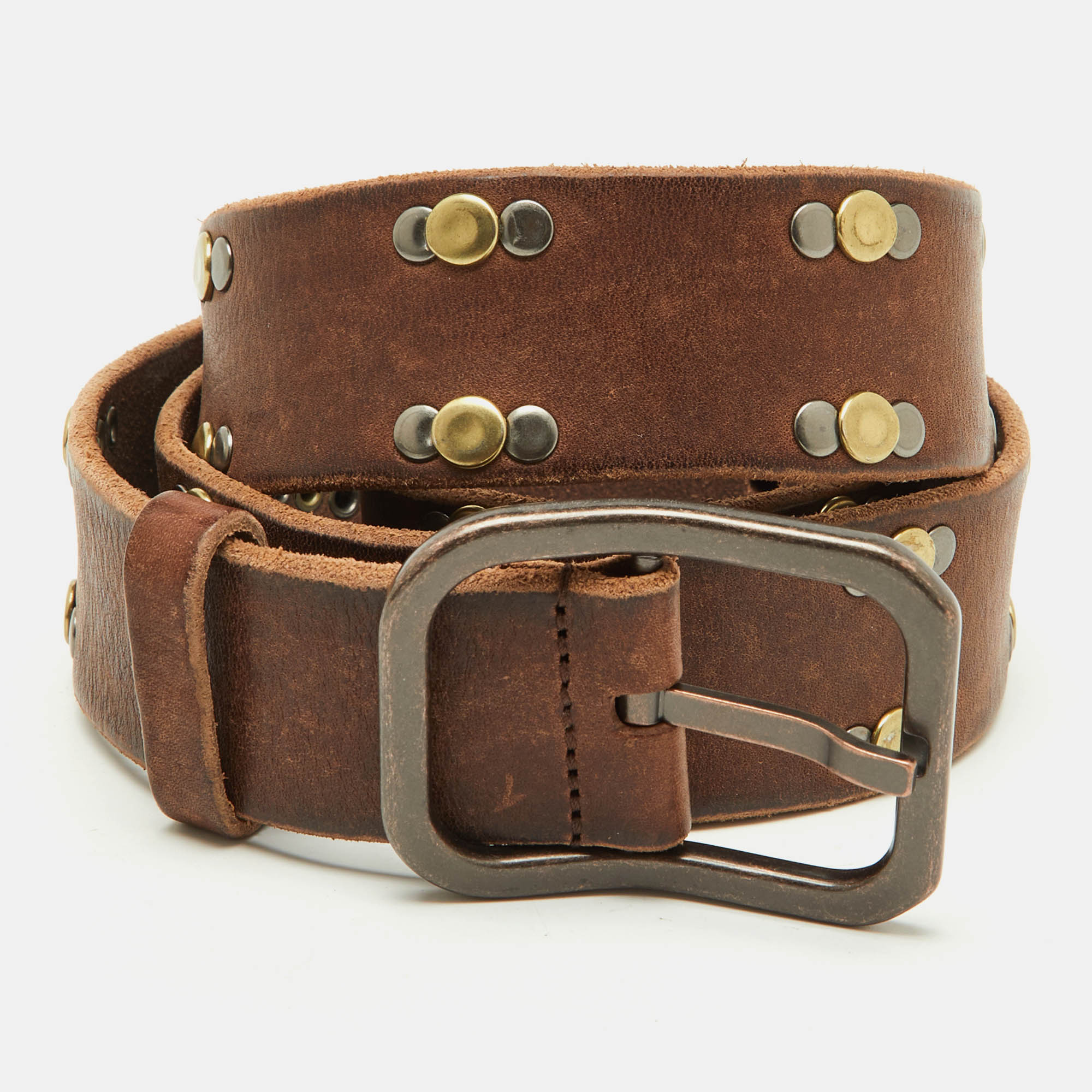 

Dolce & Gabbana Dark Brown Leather Vintage Studded Buckle Belt