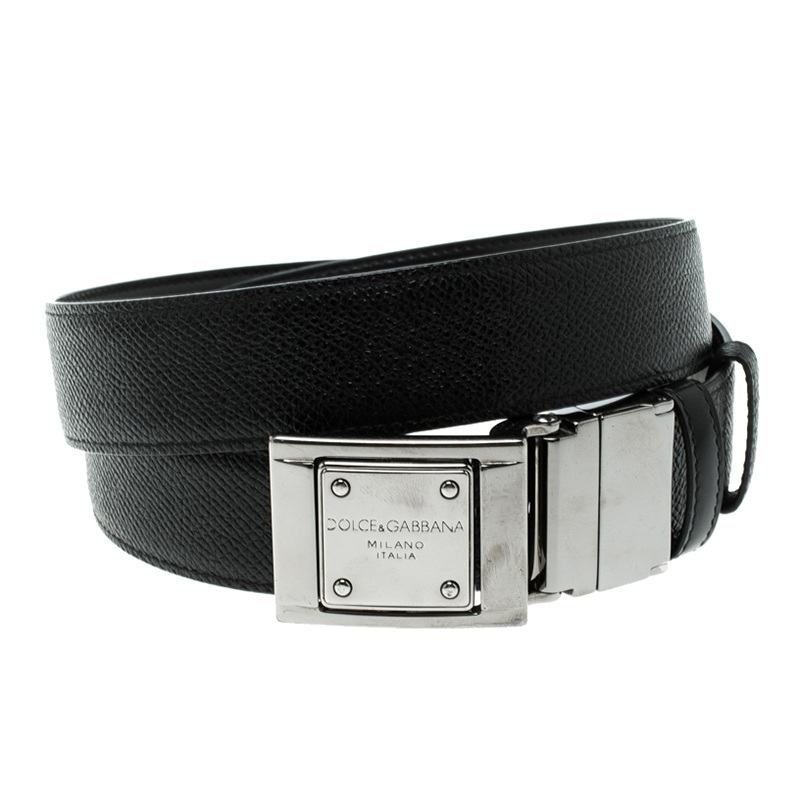 

Dolce and Gabbana Black Textured Leather Logo Plaque Belt