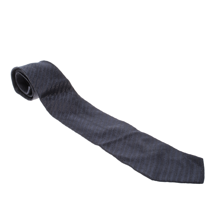 Dolce and Gabbana Navy Blue Logo Pattern Jacquard Silk Tie