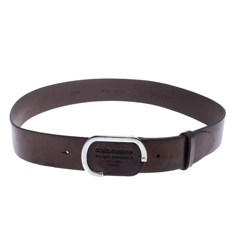 مملوكة مسبقًا Dolce & Gabanna Metallic Brown Leather Oval Logo Buckle Belt 90CM