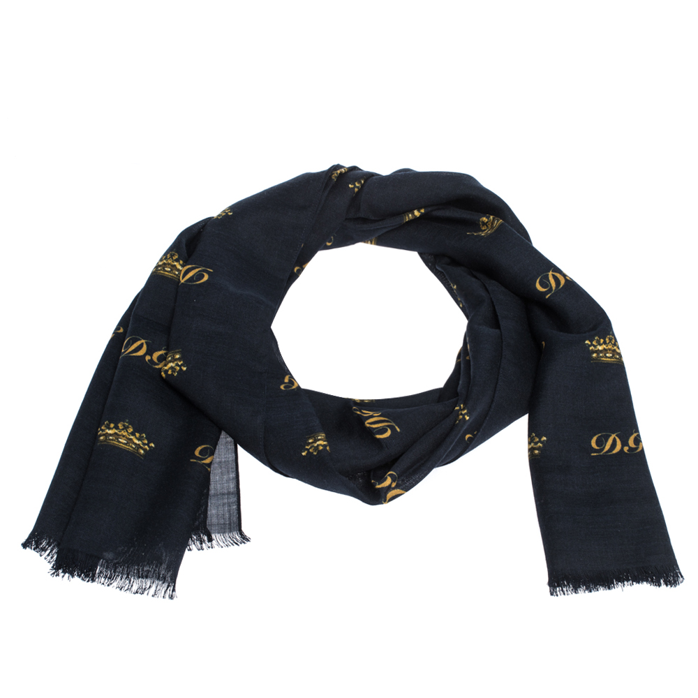 Dolce & Gabbana Navy Blue Crown Print Silk & Wool Scarf