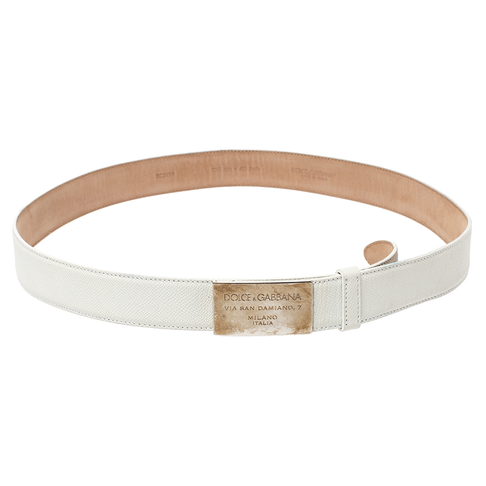 Pre Owned Dolce & Gabbana White Grained Leather Logo Plaque Belt 100CM