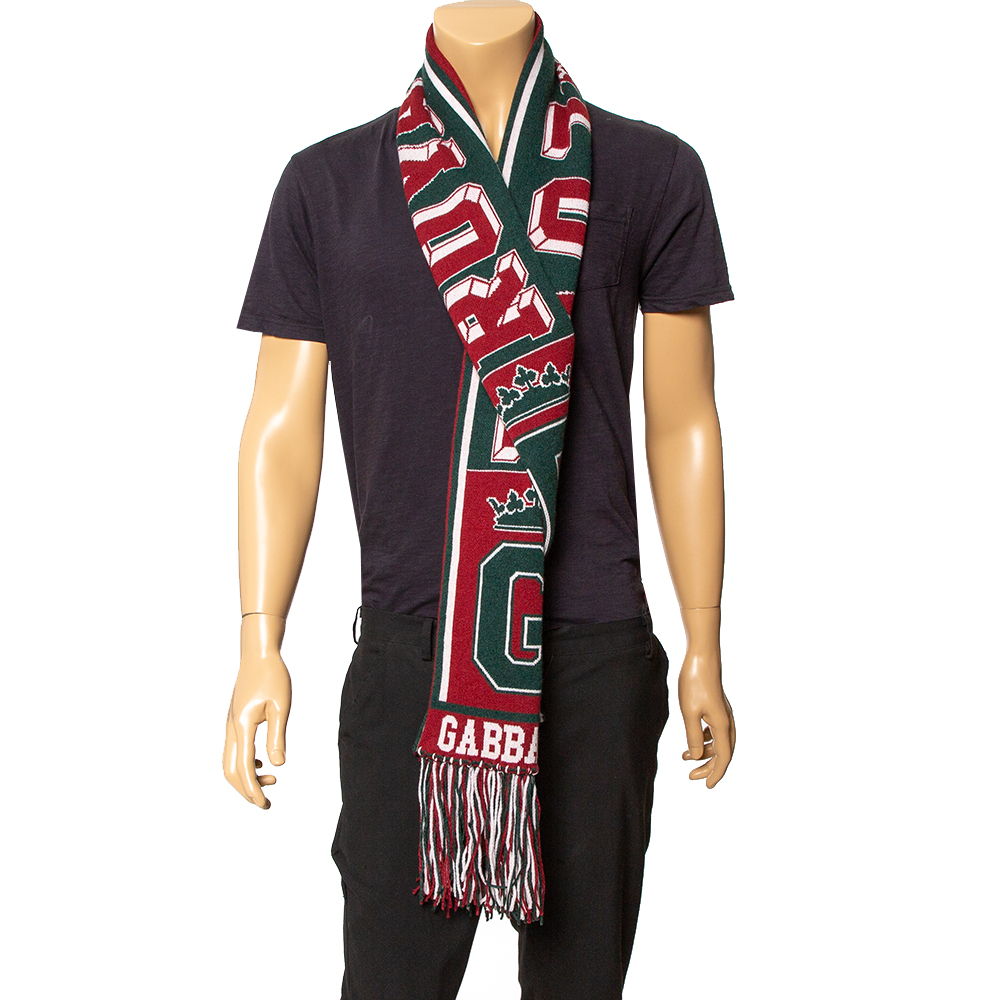 

Dolce & Gabbana Red & Green Royal Love Fringed Intarsia Knit Scarf