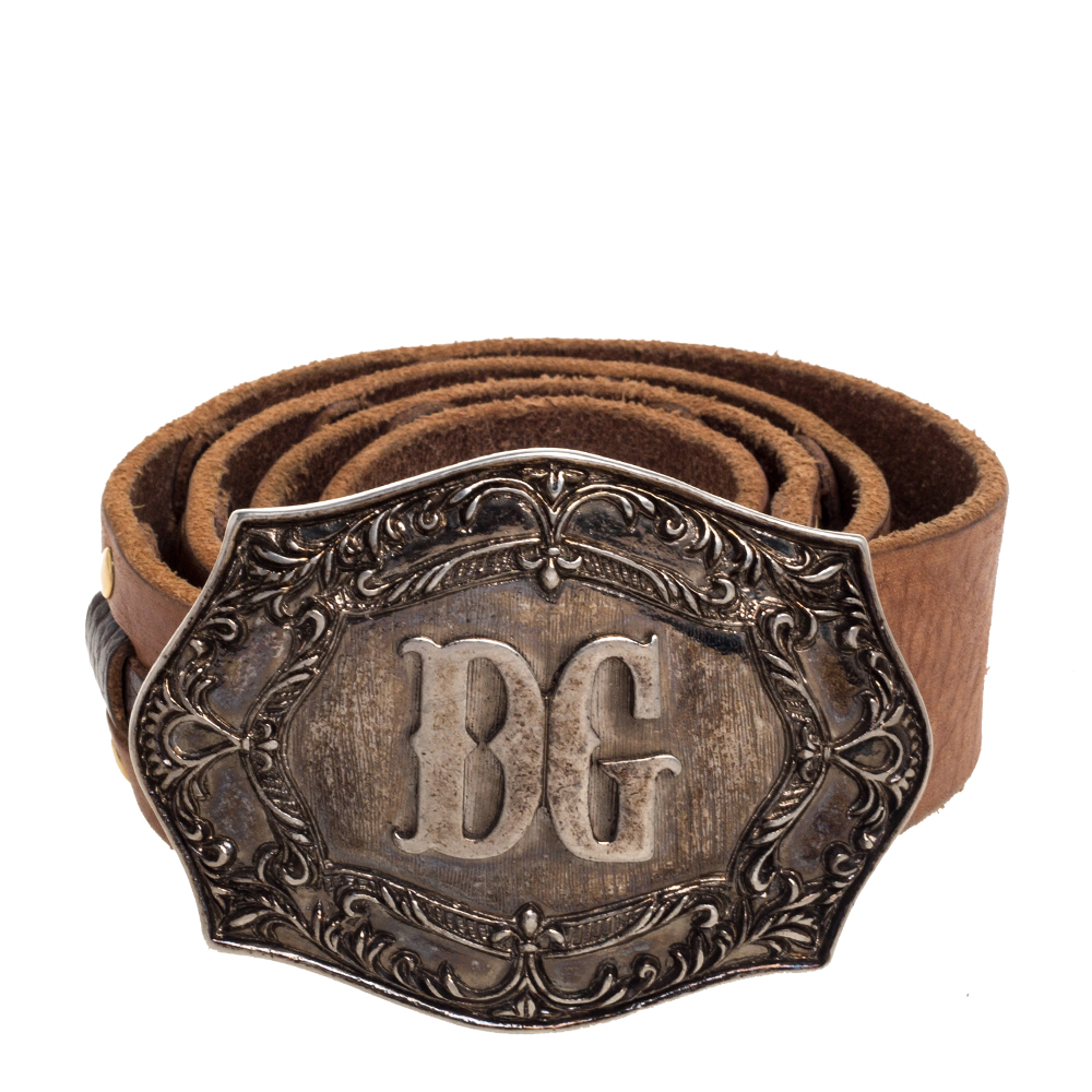 

Dolce & Gabbana Brown Woven Leather Studded Logo Plaque Belt