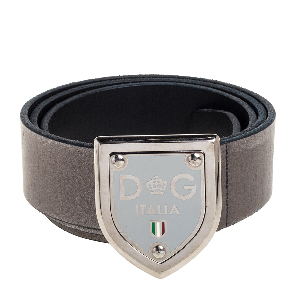 

Dolce & Gabbana Silver Leather Logo Plaque Belt
