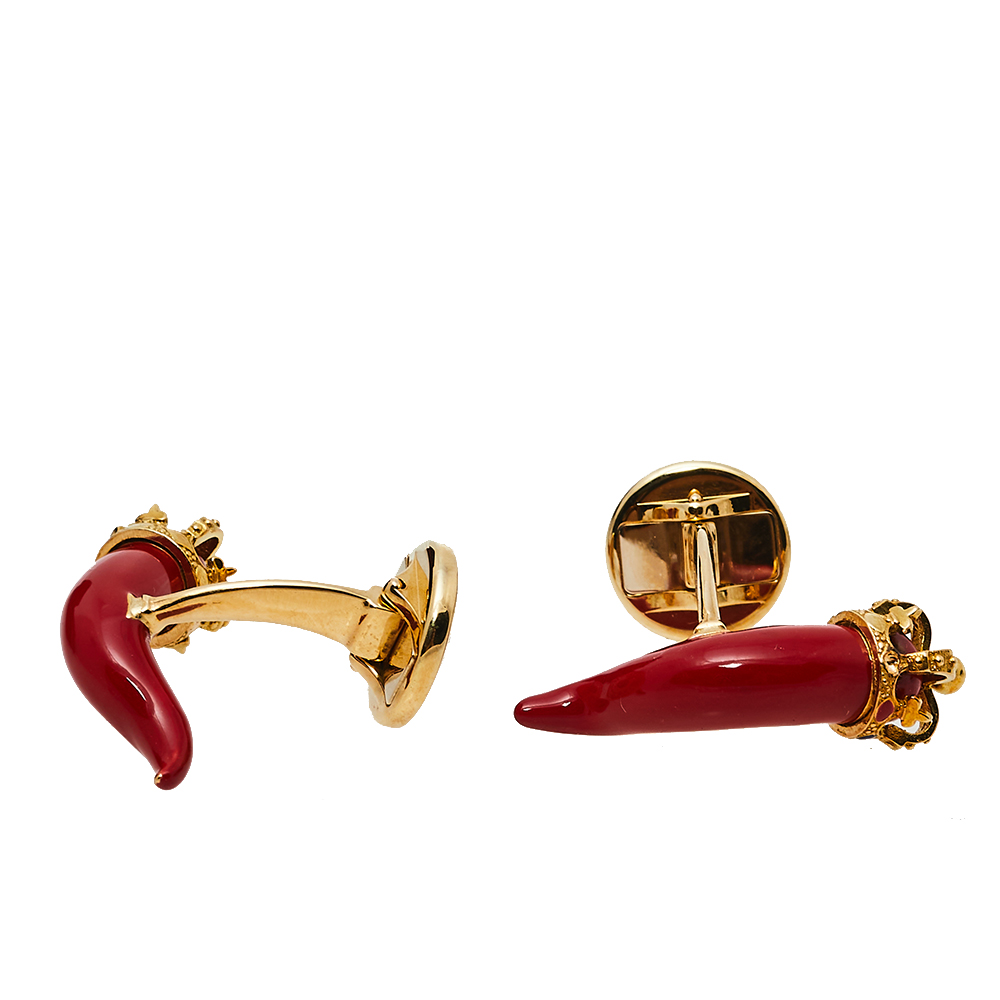 

Dolce & Gabbana 18K Yellow Gold Red Enameled Good Luck Cufflinks