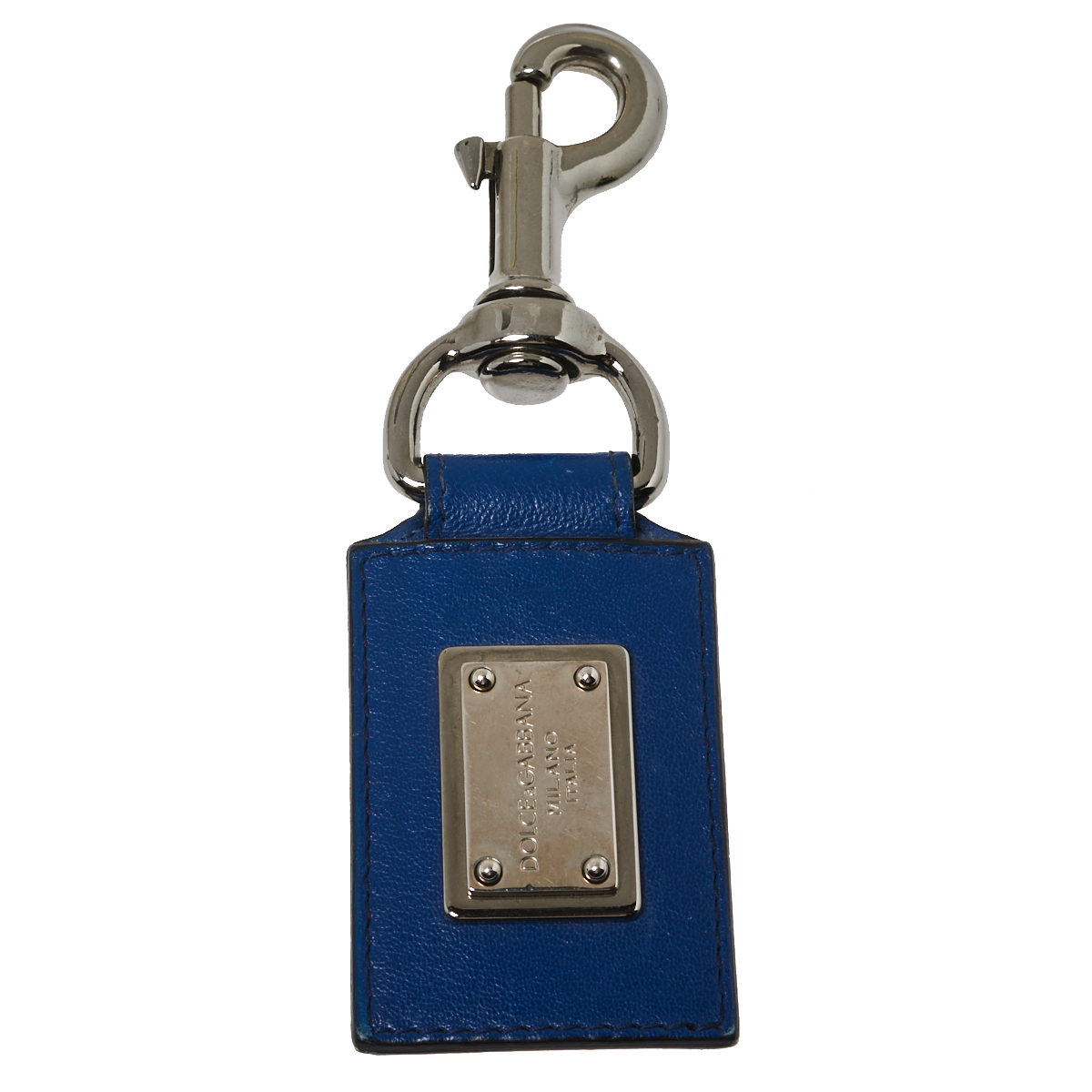 Pre-owned Dolce & Gabbana Blue Leather Logo Plaque Key Ring